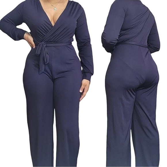 Women's Sexy Wrap Top Wide Leg Long Sleeve Cocktail V Neck Jumpsuit - Picture 9 of 10